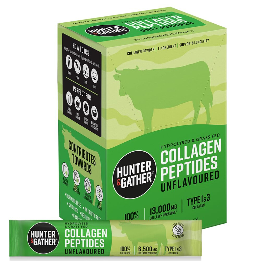 Hunter & Gather Bovine Collagen Powder 30 X 6.5G Sachets | Pure Unflavoured Premium Hydrolysed Bovine Collagen Peptides Powder For Hair Skin Nails Mu
