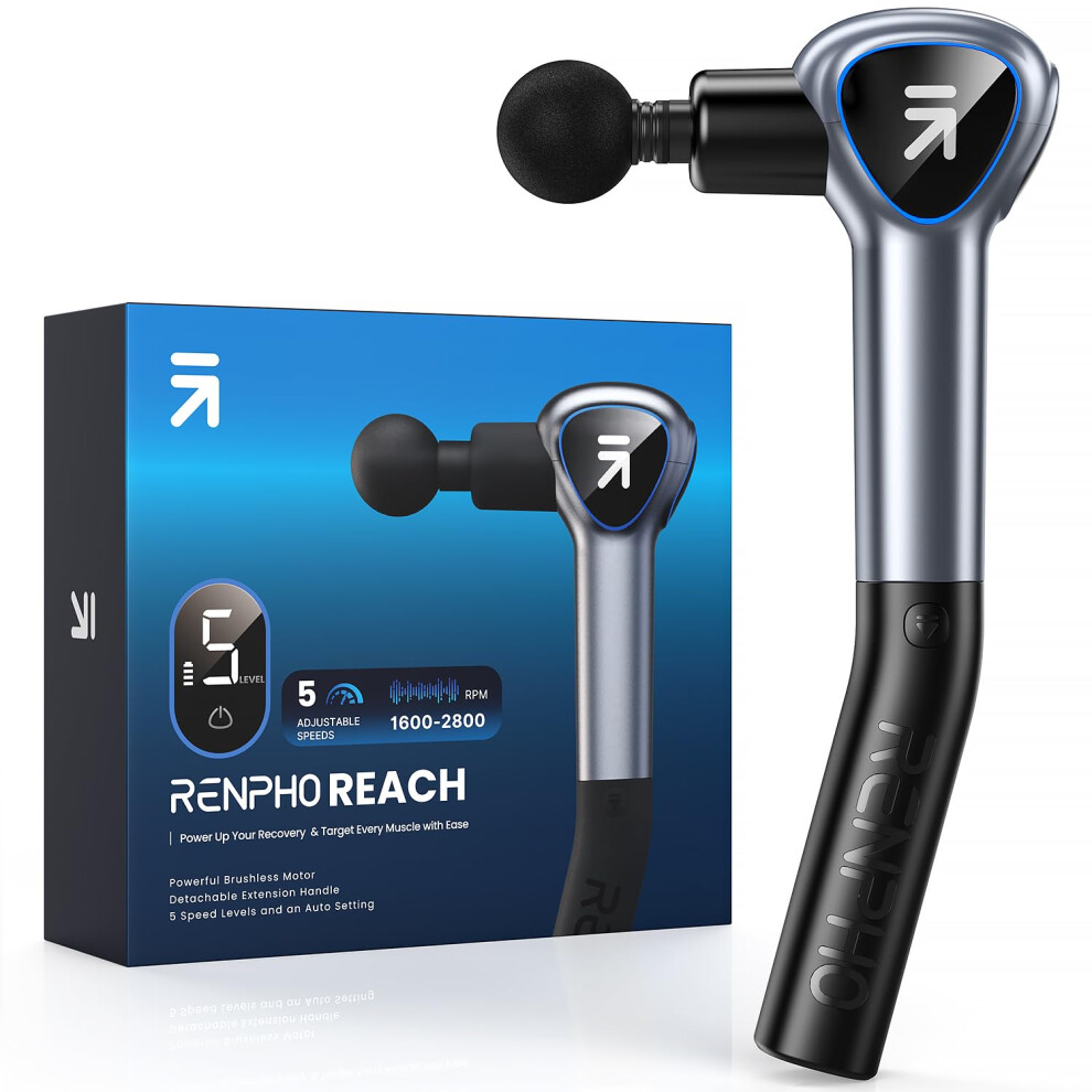 Renpho Reach Handle Massage Gun With 5 Speed 4 Head,Mini Massage Gun With Extension Handle,Gift For Women Men,Muscle Gun Deep Tissue With 3200Rpm For