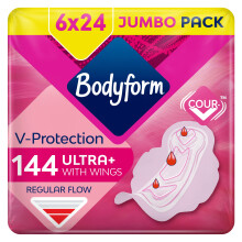 Bodyform Ultra Normal Sanitary Towels with Wings, 144 (24 x 6 Packs) Period Pads, SecureFit Leakage Protection, Ultra-Breathable Top Layer