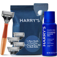 Harry's Razors for Men - Men's Razor Set with Bright Orange Handle, 5 Razor Blade Refills, Travel Blade Cover, 60ml Shave Gel