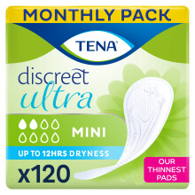 TENA Discreet Ultra Mini, 120 Incontinence Pads (20 x 6 packs) Individually Wrapped, for Women with Light to Medium Bladder Weakness, Incontinence an