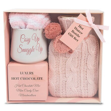 Hot Chocolate Gift Set with Mug | Small Hot Water Bottle with Cover | Fluffy Socks | Cosy Pink Ribbon Balls | Christmas Gifts for Women Her | Novelty