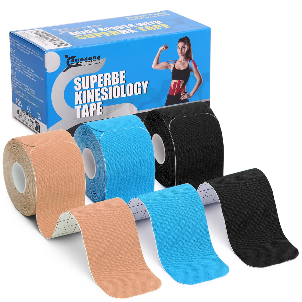 Superbe Precut Kinesiology Tapes (3 Rolls Pack), Sports Tape Muscle Tape For Pain Relief, Muscle Support, Recovery And Physio Therapy (Mix)