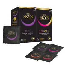 SKYN Elite Condoms Pack of 30 & 5 Senses Pack of 5 / Skynfeel Latex Free for Men, Ultra-Thin & Soft, Raised Dots, Cocktail Flavoured, Warming, Coolin