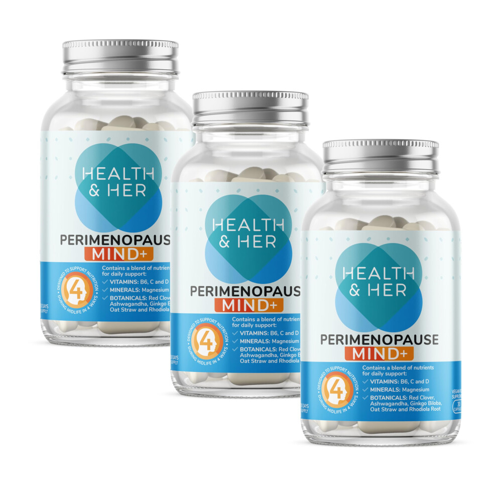 Health And Her Red Health & Her Perimenopause Mind+ Supplements For Women - With Clover, Ashwagandha, Gingko Biloba - 3 Month Supply, 90 Capsules - Vegan & Gluten F