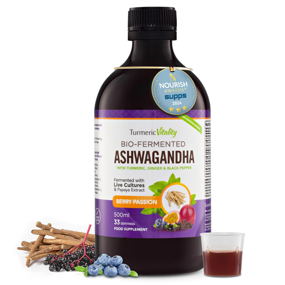 Turmeric Vitality Ashwagandha Ksm-66 Liquid Bio-Fermented With Turmeric, Probiotics & Digestive Enzymes For Stress, Mood & Gut Health - Natural Berry Passion Flavour