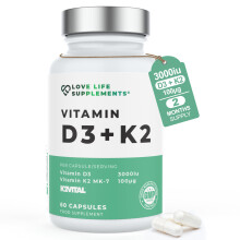 Vitamin D3 K2 and MCT Powder for Superior Absorption | Includes K2VITAL MK-7 - A Premium Form of K2 | 60 Capsules | 3000iu D3 + 100μg K2 | Love Life