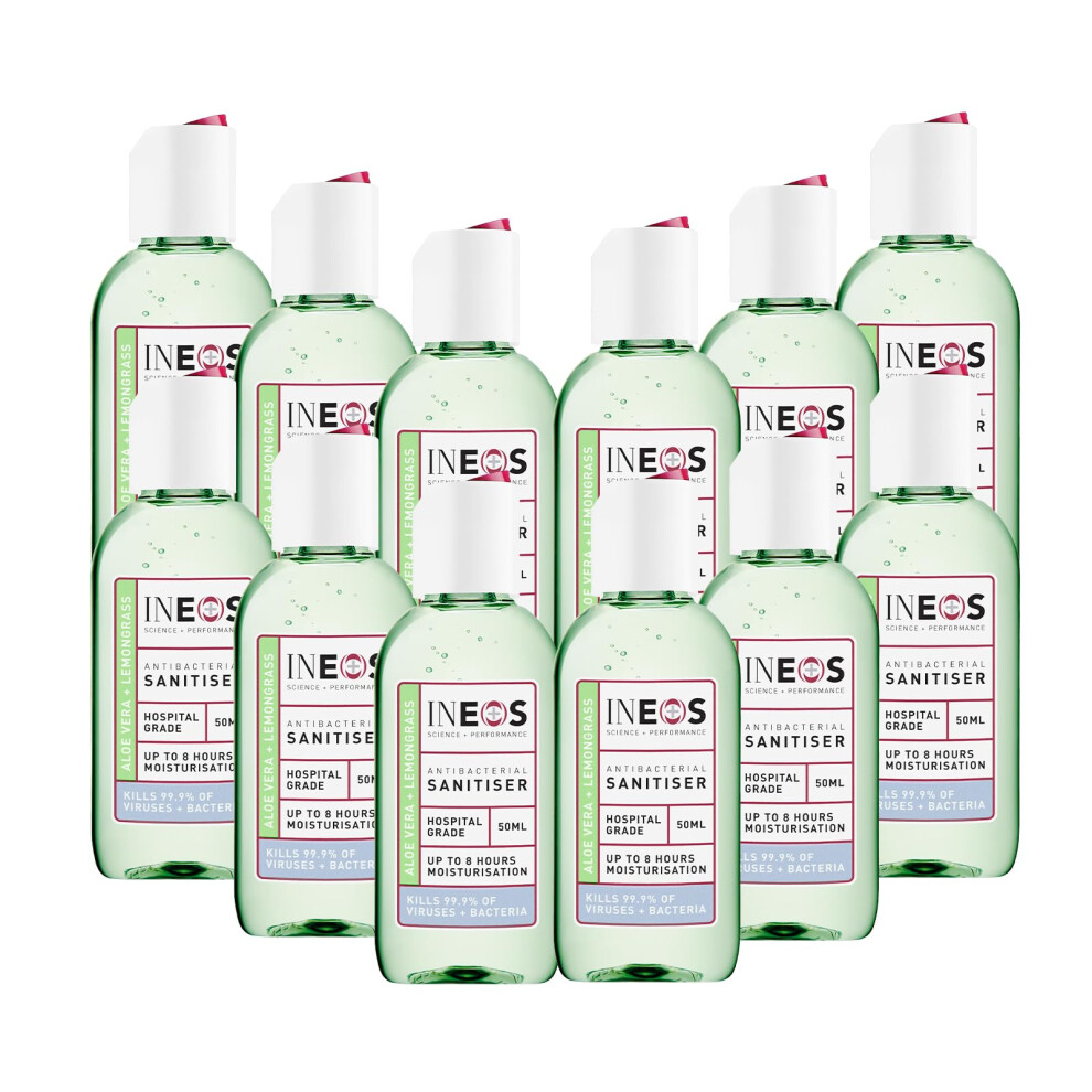 Ineos Mini Antibacterial Hand Sanitiser Gel 50Ml - Aloe & Lemongrass - Hospital Grade Disinfectant, Eliminates 99.9% Of Viruses And Bacteria, 12 X 50
