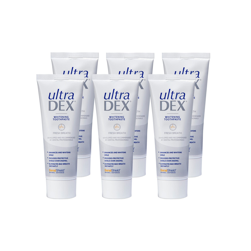 Ultradex Whitening Toothpaste + Enamel Defense, Clinically Proven 12Hr Bad Breath Treatment, For Sensitive Teeth, With Fluoride, Mint 6 X 75 Ml