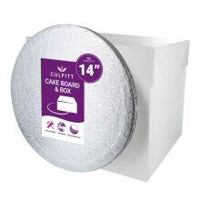 Culpitt 14" Round Silver Cake Drum Board & Tall White Box Combo, 14 x 14 x 12 Inch Square Box and Matching Circle Set for Tiered or Decorated Transpo