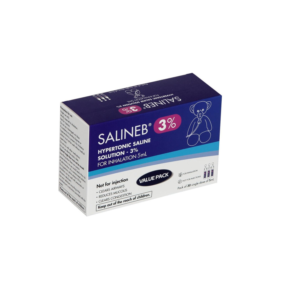 Salineb 3% Hypertonic Saline Solution Vials For Inhalation Pack Of 30 Single-Dose Of 5Ml - Clears Airways, Reduces Mucous, Clears Congestion, Inhalat