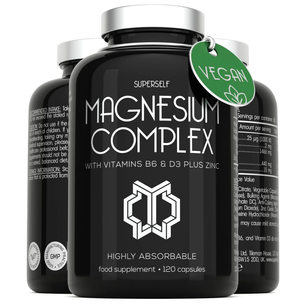 Superself Magnesium Complex 1466Mg - Magnesium And Zinc Supplements With Vitamin D3 & B6 - Premium Supplements For Women & Men - High Strength Chelated Citrate