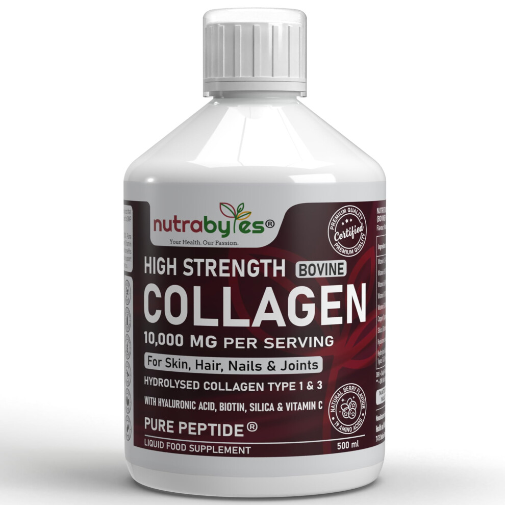 Nutrabytes Collagen Liquid 10000Mg, Hydrolysed Peptides - Hyaluronic Acid, Biotin, Silica, Vitamin C, Vitamin B12 - Healthy Skin, Hair, Nails, Joints, Muscles