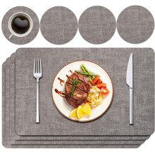 Purejoy PU Leather Placemats and Coasters Set of 4 – Heat-Resistant, Washable, Non-Slip Table Mats for Dining Table or Kitchen, 43x30cm (Light Grey)