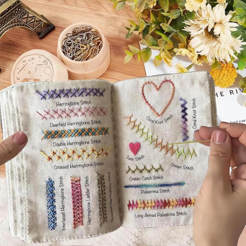 Embroidery Stitch Book Kit, DIY High-Density Linen Set with Step-by-Step Tutorials, Creative Embroidery Stitch Sampler Kit Book for Beginners and Cra 1