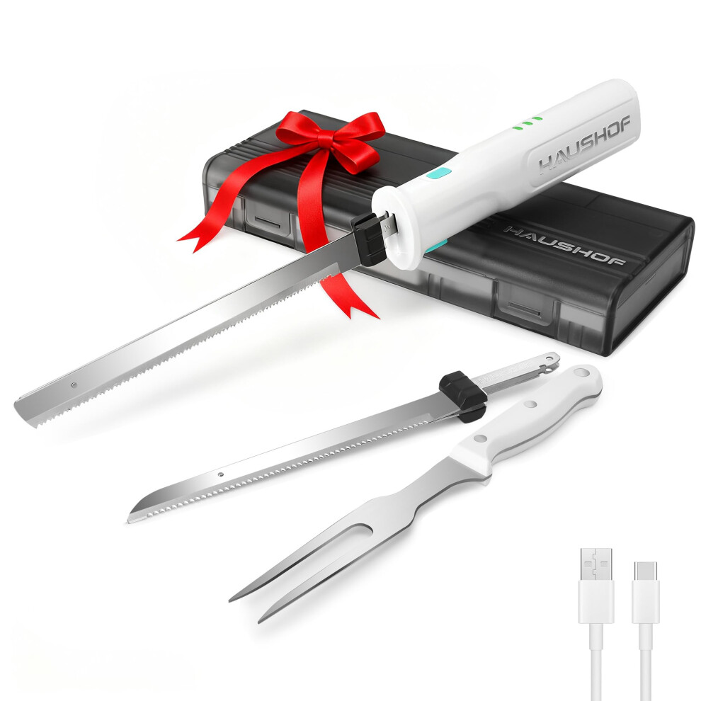 Haushof Cordless Electric Carving Knife Set - 8V Rechargeable With 2 Stainless Steel Blades & Fork - Essential For Thanksgiving Turkey, Sunday Roast,