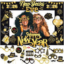 2026 Happy New Year Photo Booth Props, Paper Frame with 6 pairs of Party Glasses 12 PCS Funny Props, Selfie Supplies and Celebrate New Years Eve Part