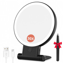 Auxmir 30X Magnifying Mirror, Double Sided 1X /30X Makeup Mirror with Light, Folding Lighted Rechargeable Beauty for Travel, Rotating 3 Color Lights,