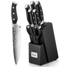 D.Perlla Knife Set, 7 Pieces Kitchen Knife Set with Self Sharpening Wooden Block, German Stainless Steel Knife Block Set with Triple Riveted Ergonomi
