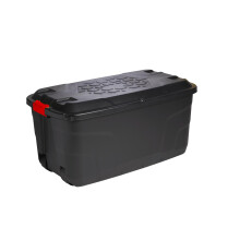 Strata Heavy Duty Large Storage Box with Lid, 145L, Lockable, Indoor/Outdoor, Wheeled, Black with Red Handles