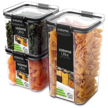 Sistema Ultra Tritan Airtight Pantry & Kitchen Storage Containers | 3 Square Plastic Food Containers with Lids (1x 1.3L + 2x 700ml) | Stackable | wit