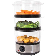 3 Tier Food Steamer / 6 Litre/Compact Design / 3 Separate Compartments & Rice Bowl/Healthy Cooking Of Vegetables, Meats & Fish / 60 Minute Timer Func