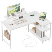 Mericonia Small L-Shaped Desk with LED, 120x70cm Computer Desk with Monitor Stand, Reversible Corner Desk for Home Office, White