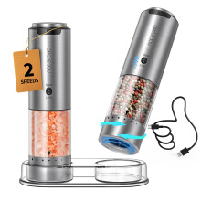CIRCLE JOY Electric Salt and Pepper Grinder Set Stainless Steel Rechargeable Salt and Pepper Grinder Set, Variable Grinding Speed, External Adjustabl