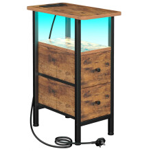 AMHANCIBLE Slim Bedside Table with LED Light, Narrow Side Table with Charging Station, Small End Table with 2 Fabric Drawers, Nightstand for Small Sp