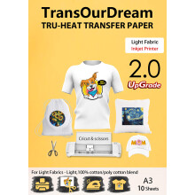 TransOurDream Tru-Iron on Heat Transfer Paper for Light Fabric (2nd Generation, A3, 10 Sheets) Printable Heat Transfer Vinyl for Inkjet Printer Iron