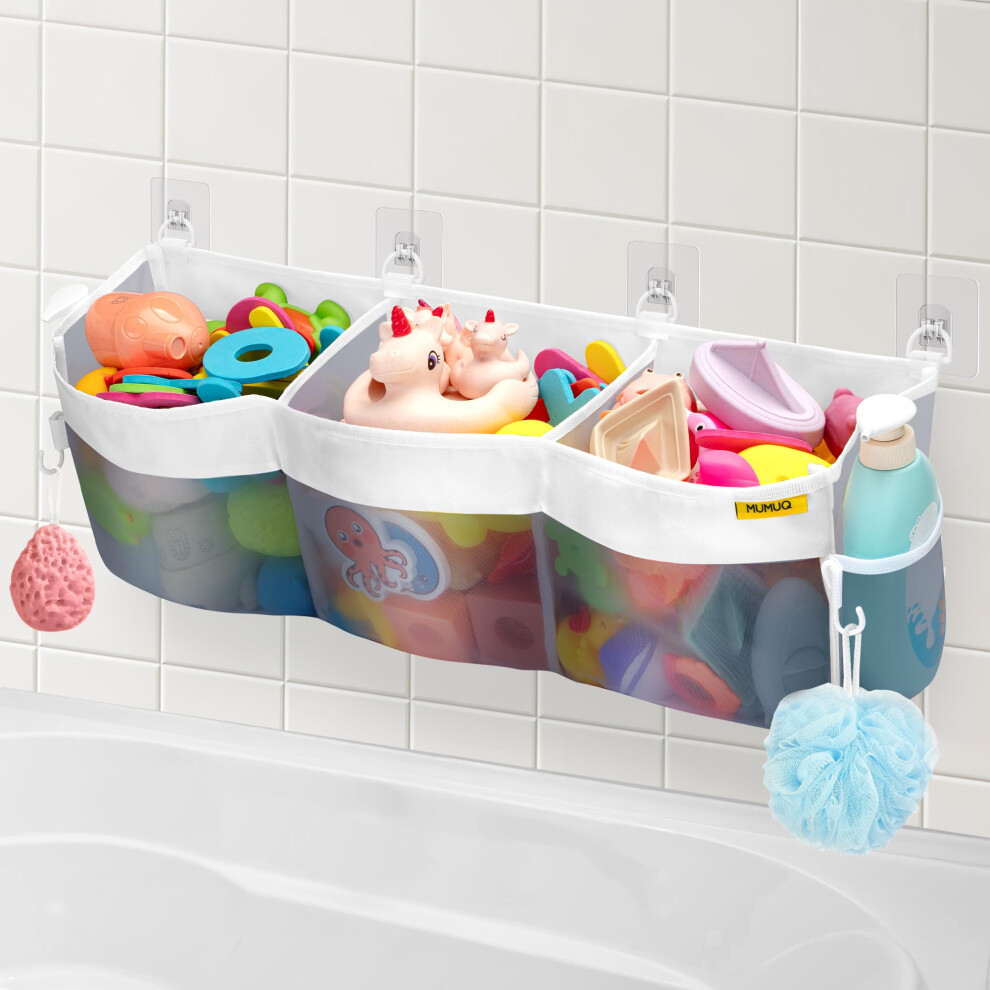 Mumuq Bath Toy Organiser, 3 Compartment Bathtub Toys Storage Bag, Shower Organiser No Drilling, Quick Access Bath Toy Net Holder Baby Shower Caddy Tub Quic