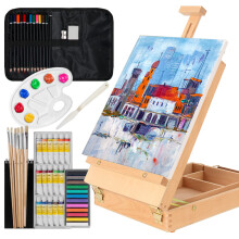 Kuyal Wood Box Easel Artists Painting Set with 18 Acrylic Oil Paint Colors, 12 Color Pencil, 6 Artist Brushes, 1 Stretched Canvas, 12 Soft Pastels, A