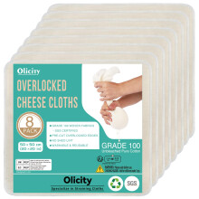 Olicity Muslin Cloths for Cooking 50x50cm - 8 Pack Bulk Value Set | Overlocked Unbleached Cheesecloth for Straining, Juice Squeezing & Dusting | Fine