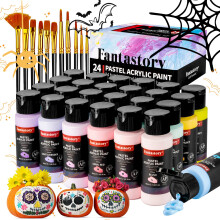 fantastory Pastel Acrylic Paint Set+12 Brushes, 24 x 2oz Pastel Colors Art Craft Paint for Artists, Halloween Decorations, Canvas Ceramic Wood Rock P