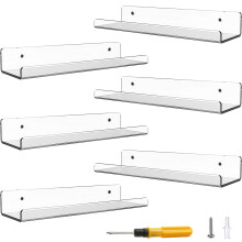 Viymgit 6 Pack Acrylic Shelves, Self-Adhesive 15" Clear Floating Shelf Wall Mount for Kids Bookshelf, Display Ledge Shelves for Bathroom, Living Room