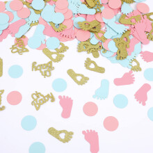 MARFOREVER 350 Pieces Gender Reveal Confetti Baby Shower Decoration Pink Blue Gold Round Glitter Confetti Oh Baby Footprints Table Paper Confetti for