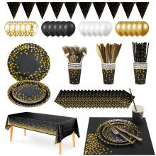 Black and Gold Party Cutlery, Party Cutlery set Includes Paper Plates, Napkins Cups Straws and Cutlery for Engagement Anniversaries Graduation Ceremo