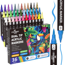 STATIONERY ISLAND Acrylic Paint Pens 36 Colours Paint Markers Dual tip Acrylic Markers for Rock Painting Stone Glass Ceramic Wood Metal Fabric Fine &