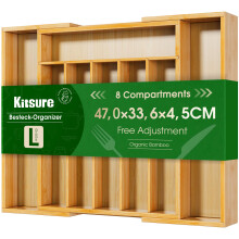 Kitsure Silverware Organizer - Expandable Bamboo Kitchen Drawer Organizer, Adjustable Cutlery Tray for Kitchen Storage & Organisation, 33.6 x 4.5 x 2