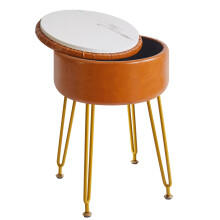 IBUYKE Faux Leather Round Footrest Stool with Storage Ottoman, Makeup Vanity Chair Side Table, PU Dressing Table Seat, Removable Cover, Golden Steel