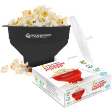 Collapsible Silicone Microwave Hot Air Popcorn Popper Bowl With Lid and Handles (Black)