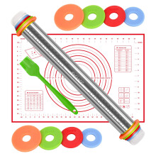 FACIACC Rolling Pin with Thickness Rings Adjustable Stainless Steel 17 inch Rolling Pin and Silicone Baking Mat for Baking Dough, Pizza Pie, Pastries