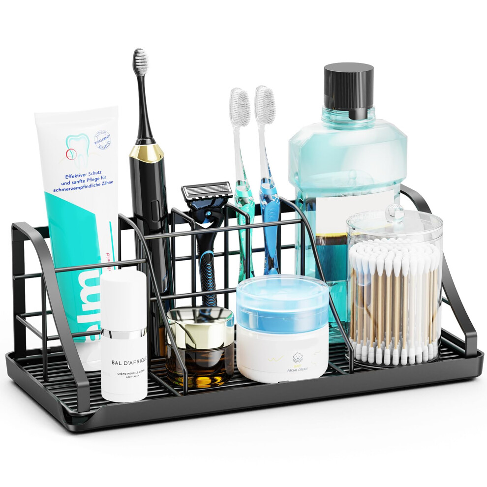 Chonly 7 Slots Toothbrush Holder, Stainless Steel Toothbrush And Toothpaste Holder, Black Electric Toothbrush Holder, Detachable Drain Tray Bathroom