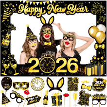 New Years Eve Decoration 2026, Giant Happy New Year's Selfie Frame, 18pcs New Years Photo Booth Props, Paper New Year's Party Photo Booth Frame, Funn