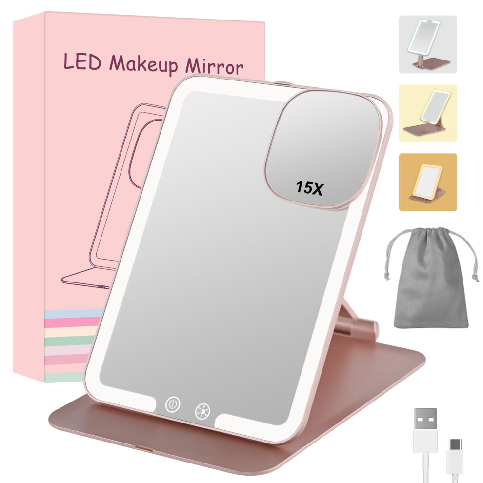 Mkumir Rechargeable 1500Mah Travel Makeup Mirror With Lights,Portable 1X Vanity Mirror With 15X Magnifying Mirror,Folding Lighted Cosmetic Vanity Mirror Wit