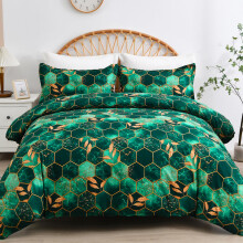 DJY Green Geometric Duvet Cover Golden Leaves Reversible Bedding Set, Soft and Breathable Lightweight Duvet Sets 3 Pieces With Zipper Closure (King,