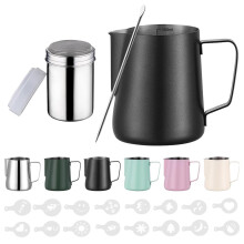 Zuquik 350 ml Milk Jug Stainless Steel Barista Milk Jug with Measurement Mark 12 oz, Milk Foam Jug with Cocoa Shaker, 16 Latte Art Stencils & Pen for