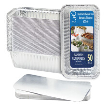 Rollay 50 Pack Aluminium Foil Food Containers with Lids 600ml - Tin Foil Trays with Lids for Food Storage, Baking, Roasting, Takeaway, and Party - Di