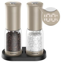 Electric Salt and Pepper Grinder Set with LED Power Display, Larger Capacity Rechargeable Salt and Pepper Set with Storage Base, LED Light, Adjustabl