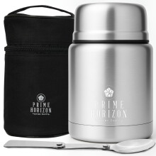 Prime Horizon Food Flask - 500ml Stainless Steel Vacuum Double Wall Jar with Folding Spoon, Leakproof and BPA Free. Free Insulated Travel Bag with Ca